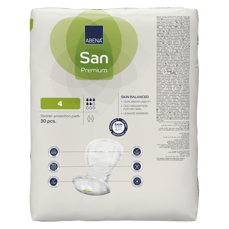 Rückseite der Verpackung der Abena San Premium 4 Inkontinenzeinlagen